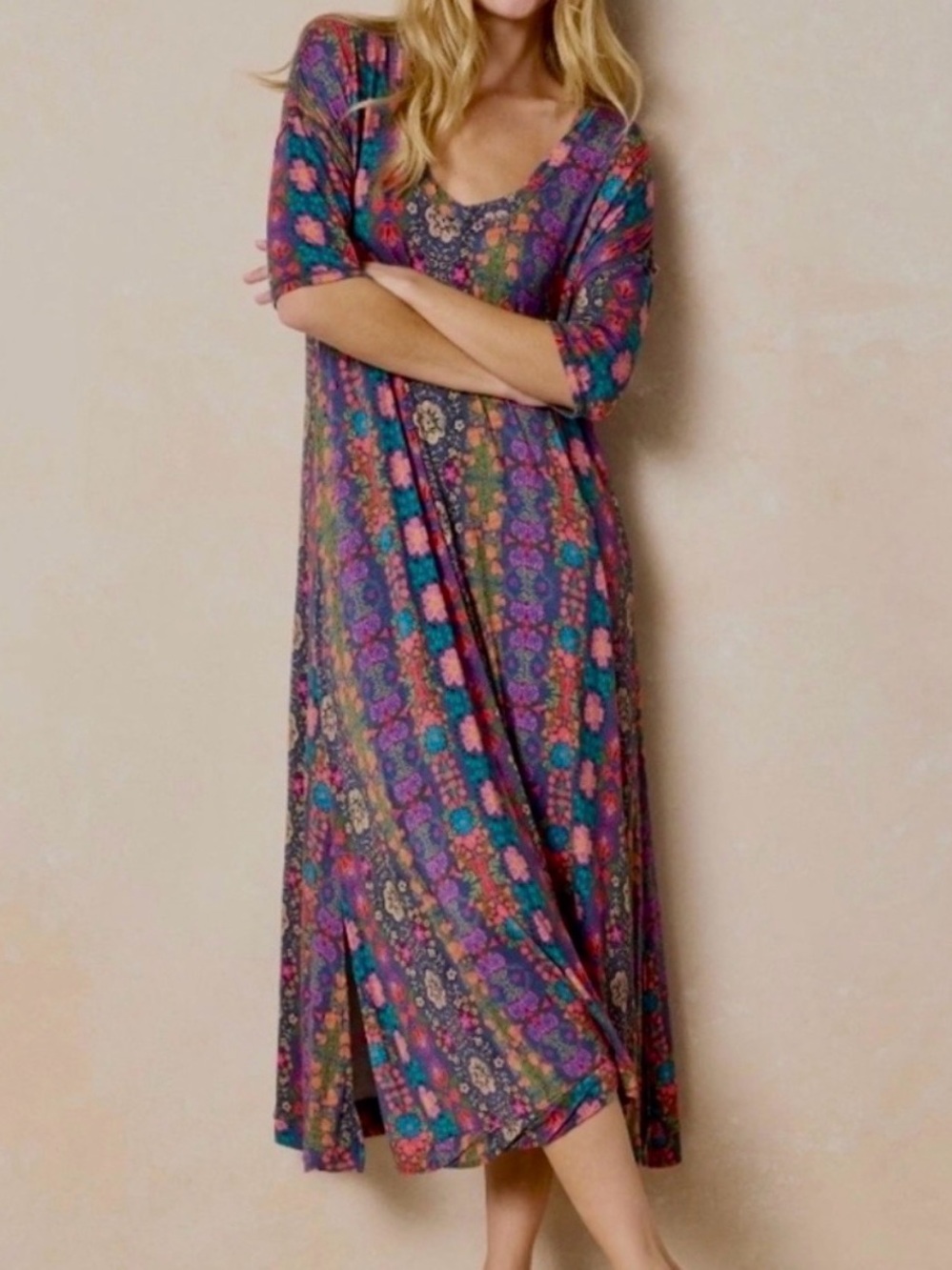 NATURAL LIFE Floral Scoop Neck Midi Dress in Multicolor